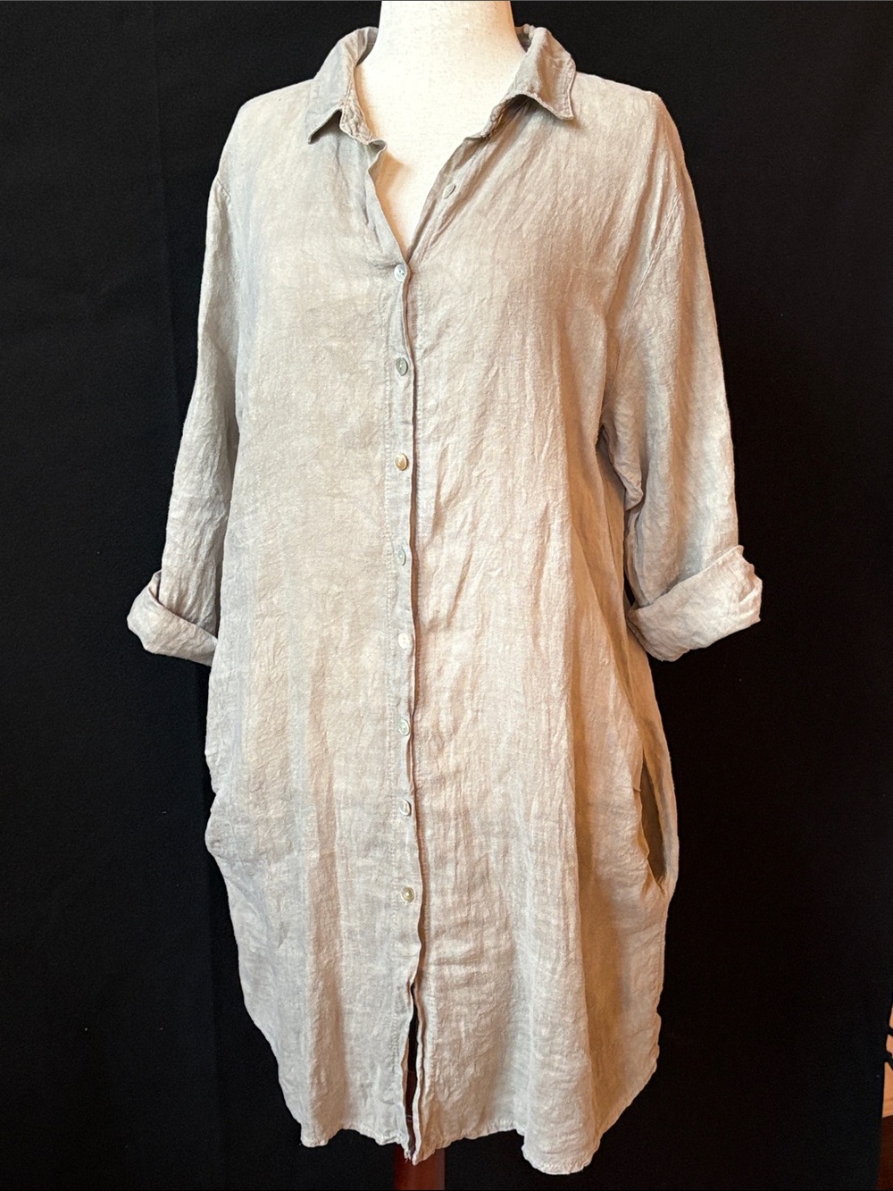100% Linen Button-Front Shirt Dress in Light Taupe Made in Italy